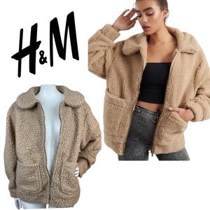 H&M Sherpa Teddy Bear Fleece Full Zip Up Overcoat Jacket Long Sleeves Pockets XS
